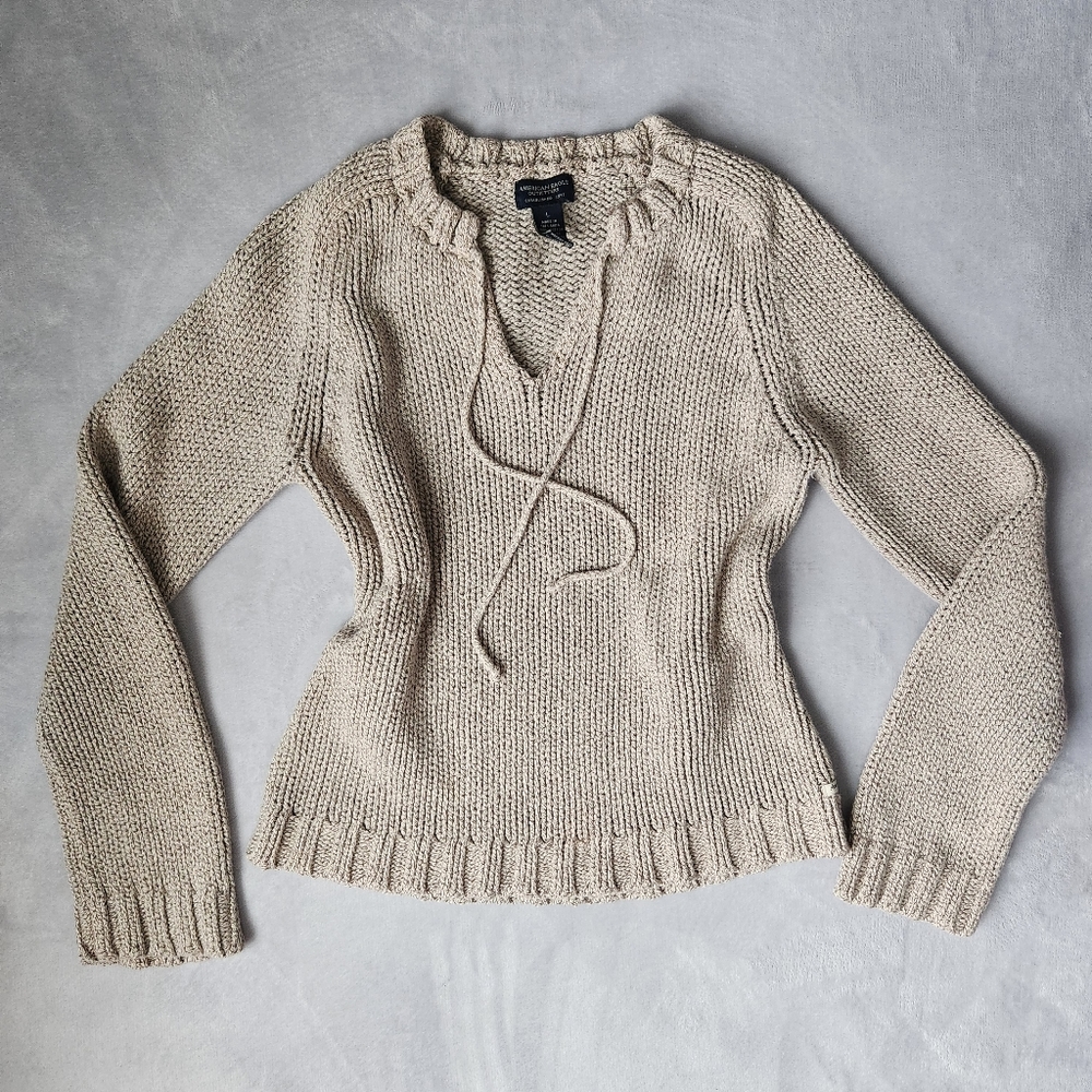 Y2K Marled Cream / Tan Thick Knit 100% Cotton Sweater, Sz Large Runs Small